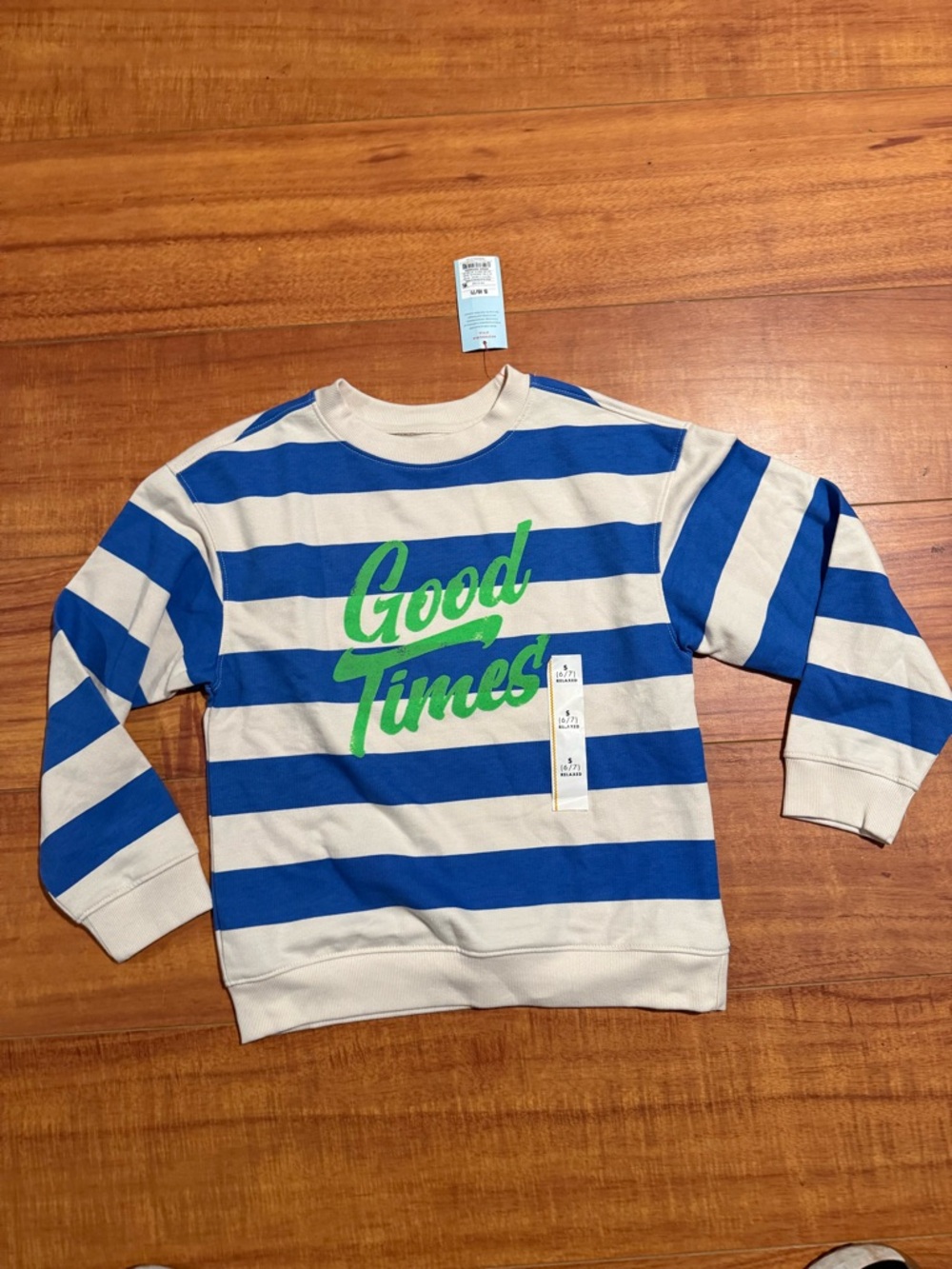 Cat & Jack Blue and Cream Striped Sweatshirt with Green 'Good Times' Graphic